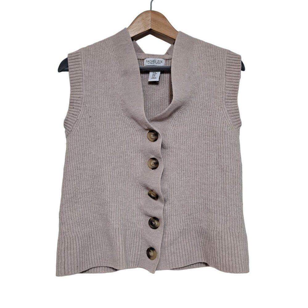 Rachel Zoe Vest Woman Medium Extrafine Merino Wool Tan Academia Preppy Button